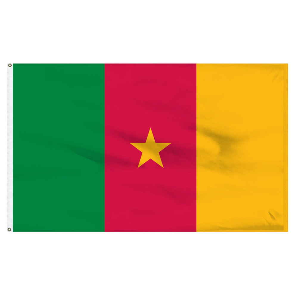 Cameroon flag with green, red, and yellow horizontal stripes and a yellow star in the center