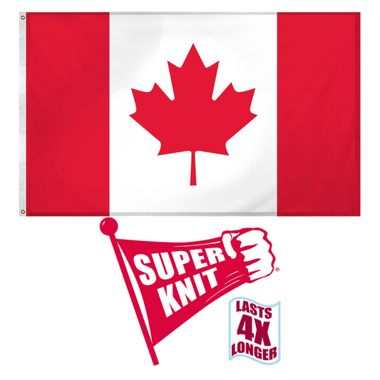 Canadian flag with a red maple leaf and 'Super Knit' logo below on a white background
