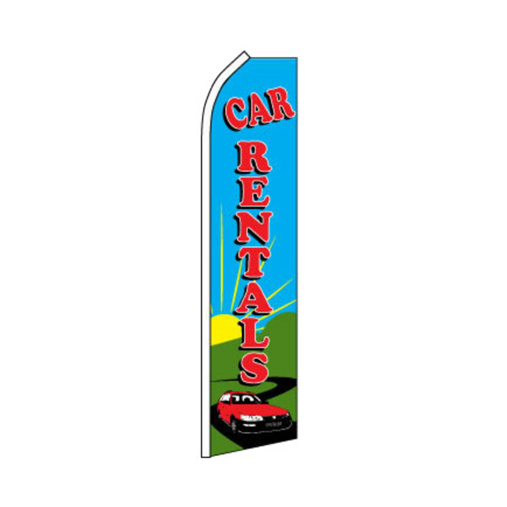Swooper flag with 'CAR RENTALS' text and car illustration on a blue background