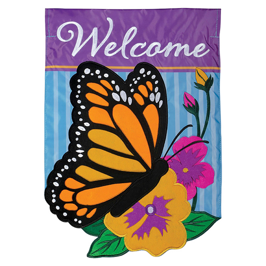 Decorative garden flag with a butterfly and flowers on a purple and blue striped background, featuring the word 'Welcome'.