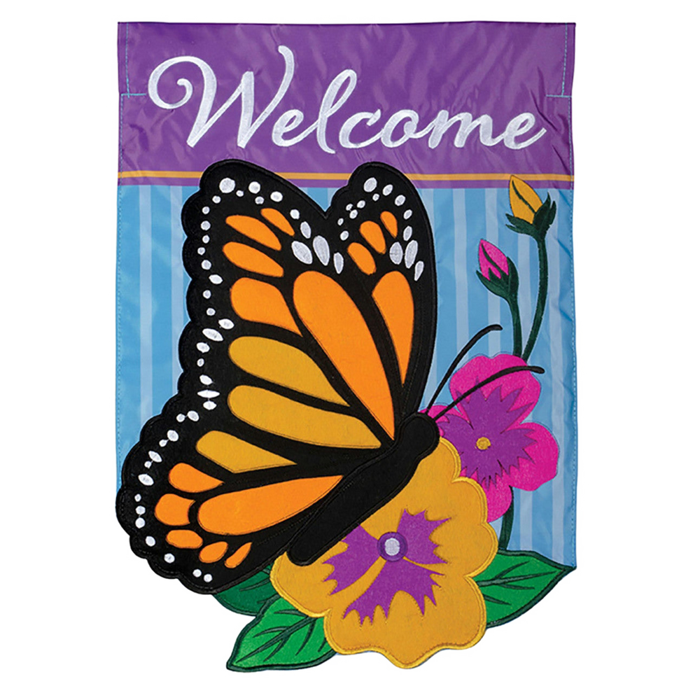 Decorative garden flag with a butterfly and flowers on a purple and blue striped background, featuring the word 'Welcome'.