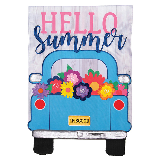 Decorative “Hello Summer” garden flag with a blue truck full of colorful flowers.