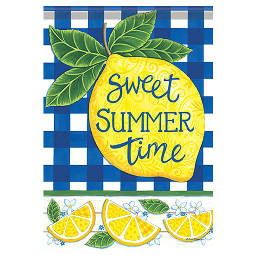 Decorative flag with a lemon and 'Sweet Summer Time' text on a blue and white checkered background.
