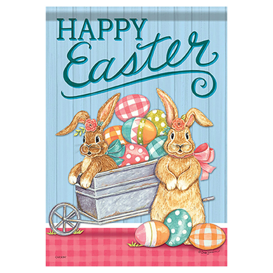 Easter-themed decorative flag with bunnies, eggs, and 'Happy Easter' text on a blue background.
