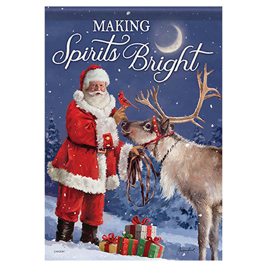 Decorative flag with Santa Claus with a reindeer and presents against a snowy background with 'Making Spirits Bright' text.