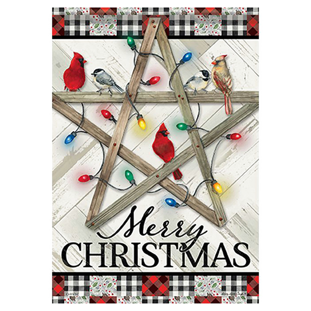 Christmas-themed decorative flag with wooden star, birds, and lights on a checkered border.