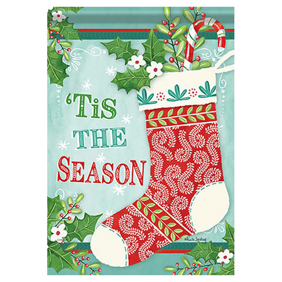 Christmas-themed garden flag with a red stocking and 'Tis The Season text on a light blue background.