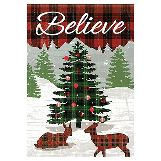 Christmas-themed towel with plaid tree, deer, and 'Believe' text on a red and white checkered background.