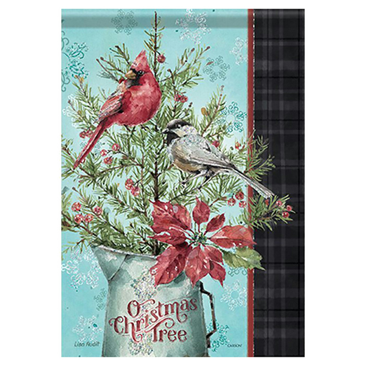 Decorative flag with Christmas design featuring a cardinal, chickadee, and poinsettia on a blue background.