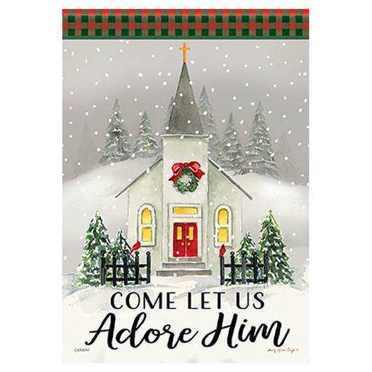 Decorative Christmas-themed flag with a church scene with 'Come Let Us Adore Him' text and plaid border.