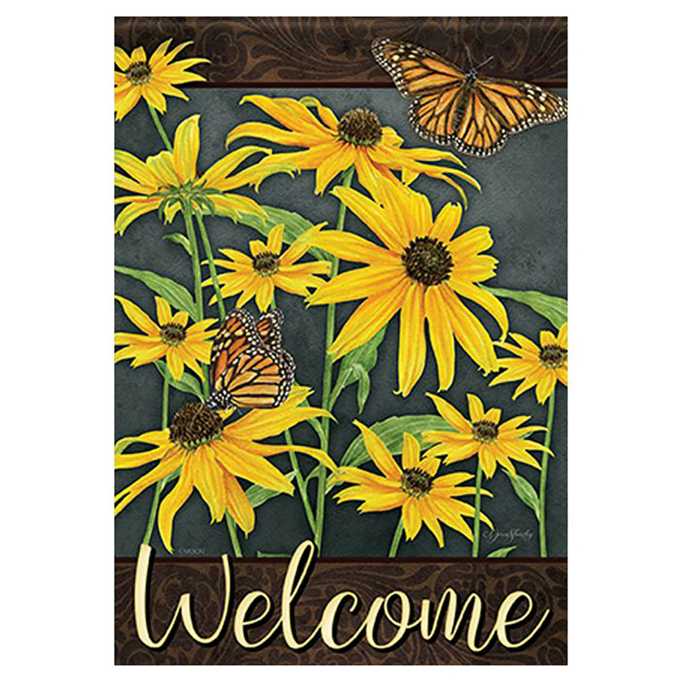 Decorative flag with yellow flowers and butterflies featuring the word 'Welcome'.