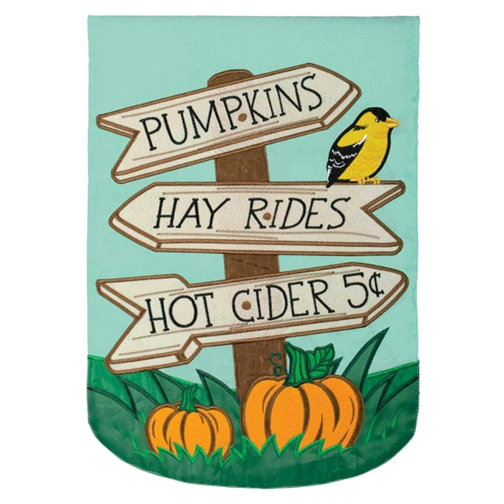 Decorative garden flag with pumpkins, hay rides, and hot cider on a light blue background