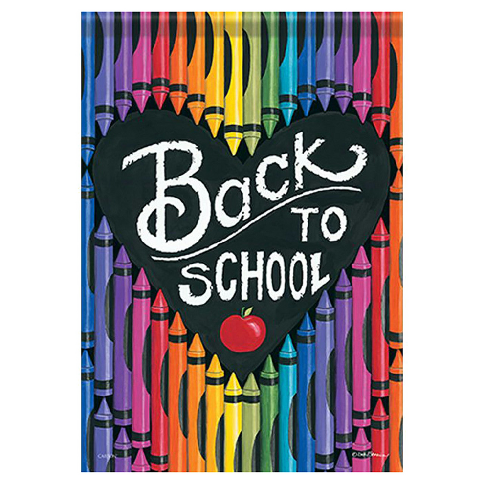 Decorative flag with colorful crayon design and 'Back to School' text on a blackboard heart.