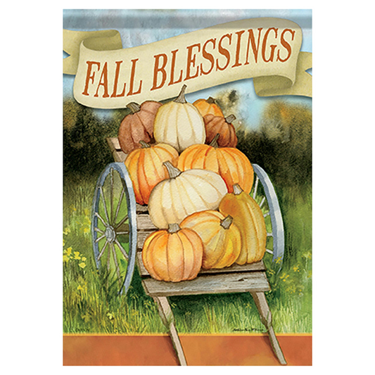 Decorative flag with pumpkins and 'Fall Blessings' text on a wagon, against a scenic background.
