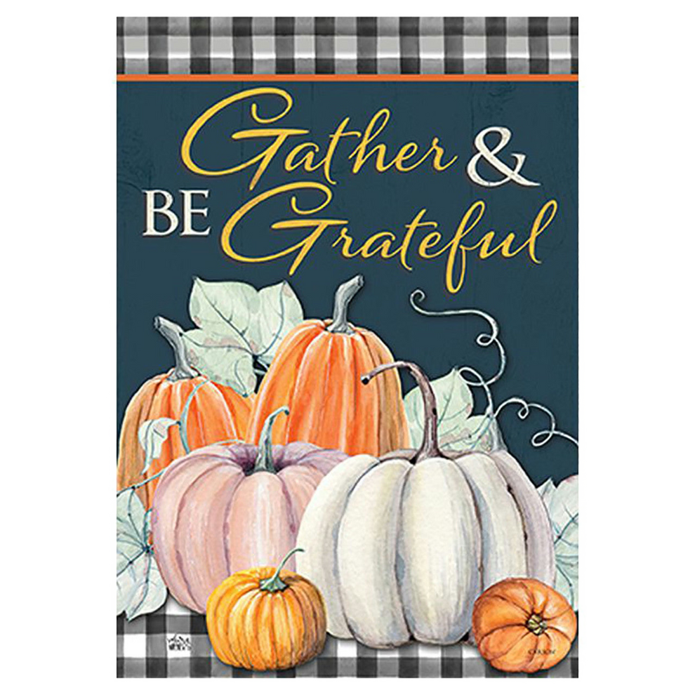 Decorative flag with pumpkins and 'Gather & Be Grateful' text on a checkered border.