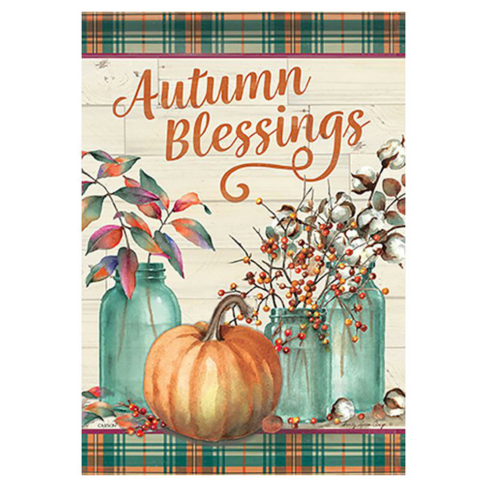 Decorative flag with 'Autumn Blessings' text, pumpkins, and mason jars on a plaid background.