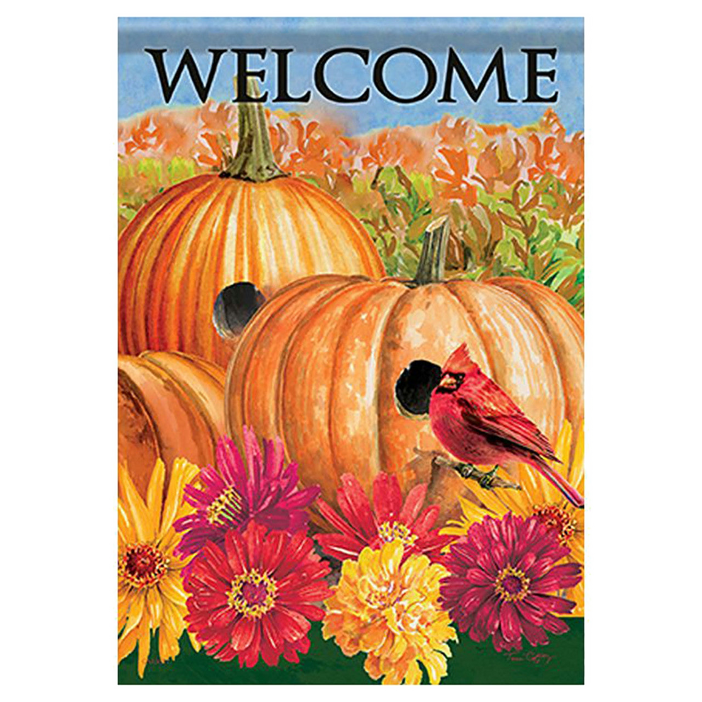 Decorative flag with pumpkins, flowers, and a cardinal bird, featuring the word 'WELCOME'.