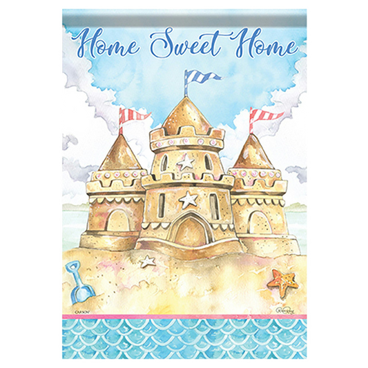 Illustration of a sandcastle with 'Home Sweet Home' text on a blue background