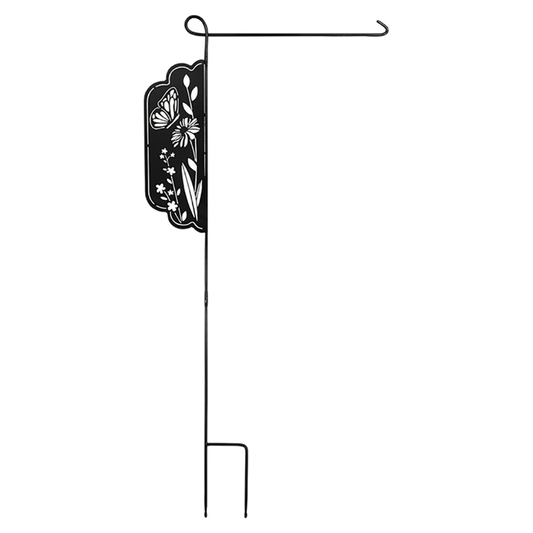 Black metal garden flag stand with decorative top section on a white background