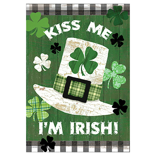 Decorative flag with a leprechaun hat and shamrocks on a green background with 'Kiss Me I'm Irish!' text.