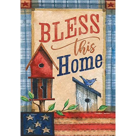 Decorative flag with 'Bless this Home' text, birdhouses, and a bluebird on a plaid background.