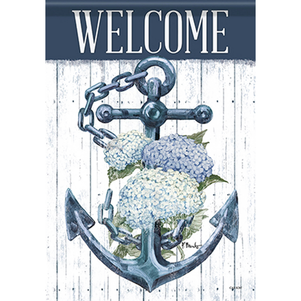 Decorative welcome flag with anchor and flowers on a wooden background