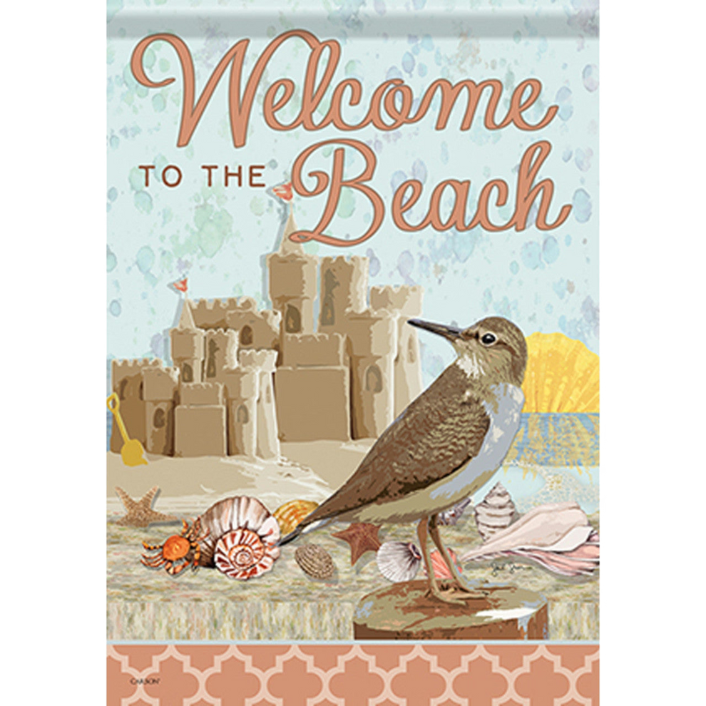 Decorative flag of a sandcastle, bird, and beach elements with 'Welcome to the Beach' text.