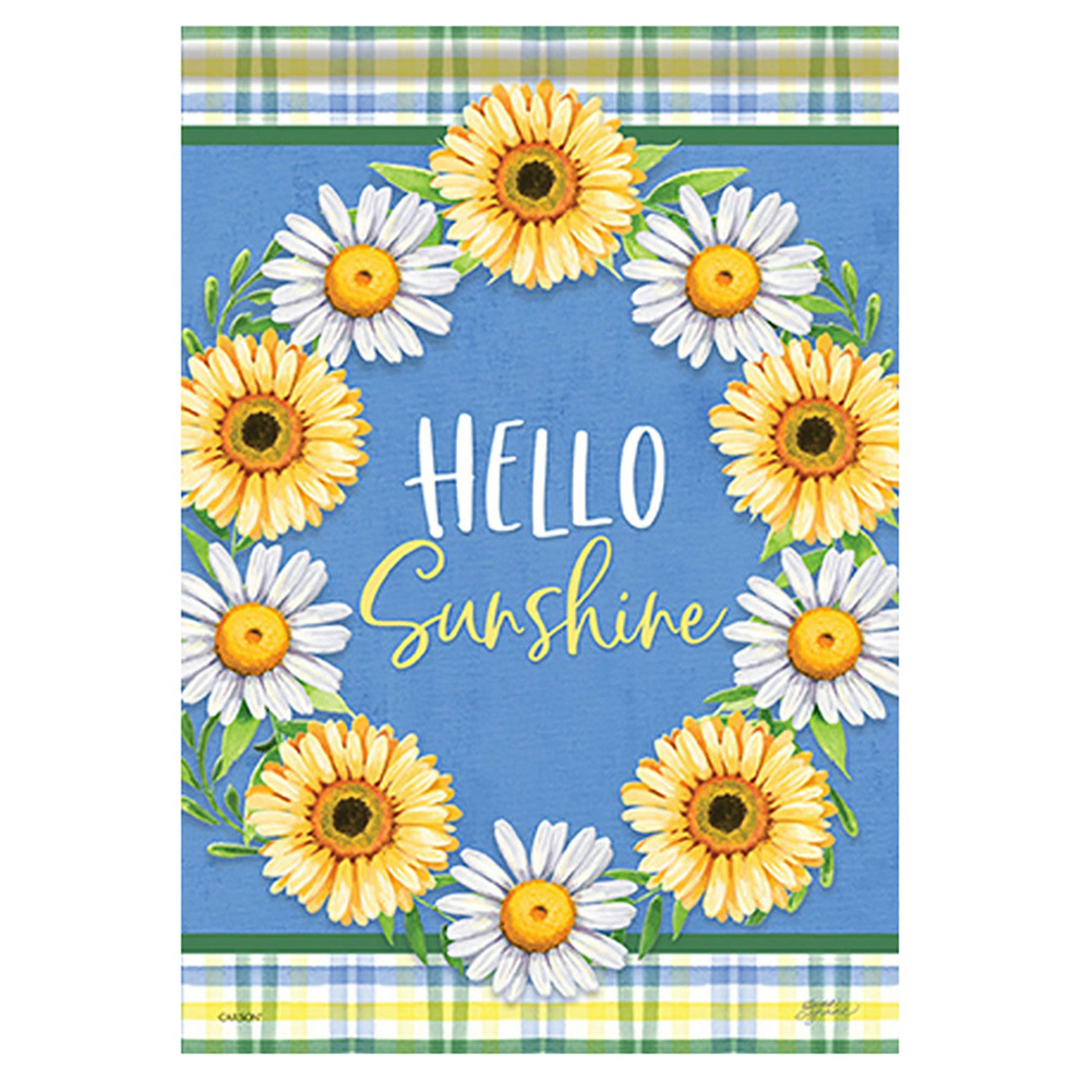Decorative flag with sunflowers and 'Hello Sunshine' text on a blue background