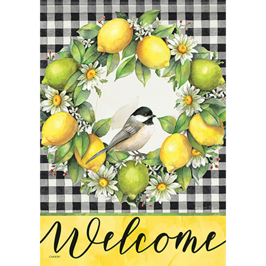 Decorative flag with lemons, a bird, and flowers on a checkered background with 'Welcome' text.