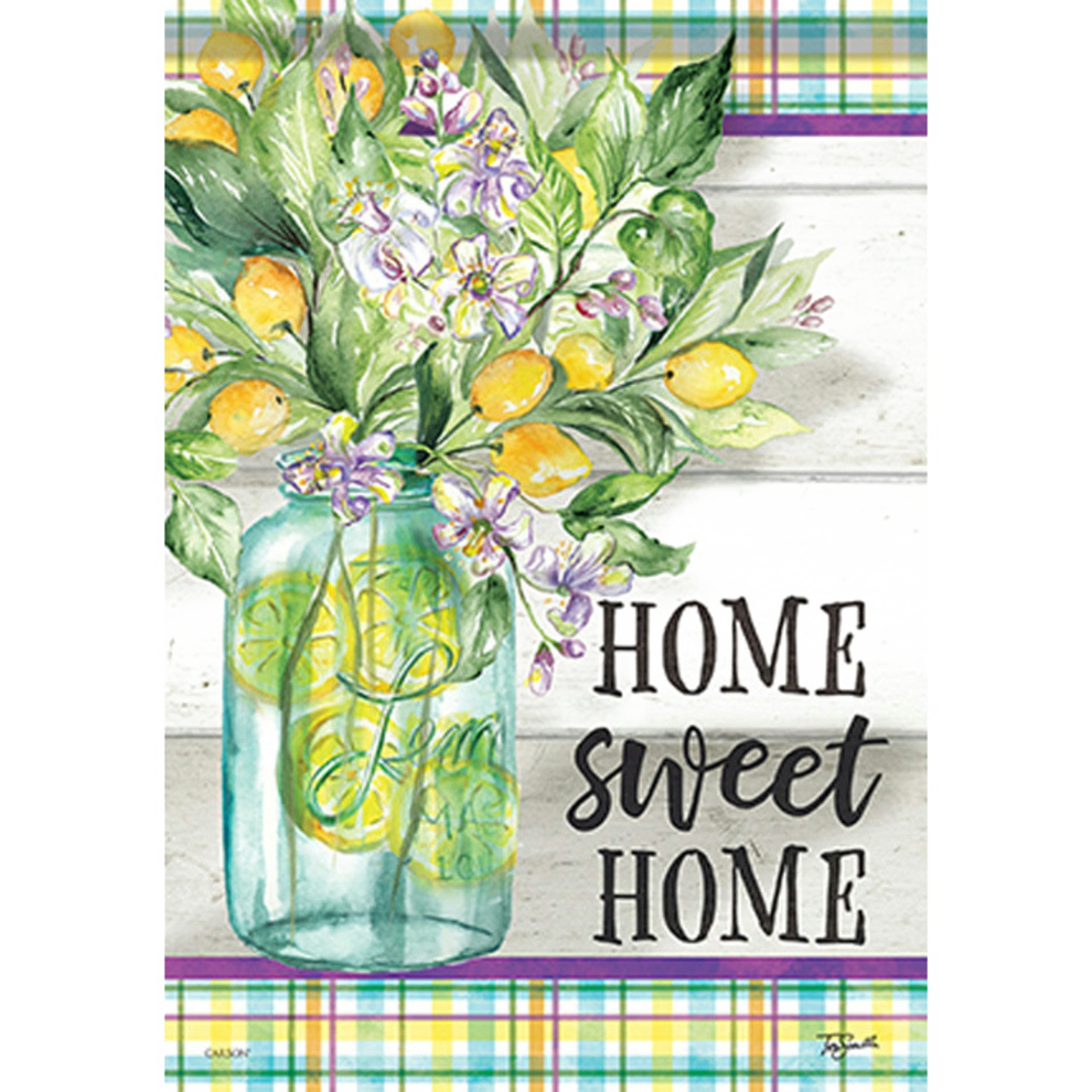 Decorative flag with a mason jar of lemons, flowers, and 'Home Sweet Home' text on a plaid background.