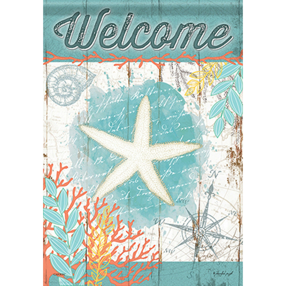 Decorative flag with a starfish, coral, and 'Welcome' text on a wooden background.