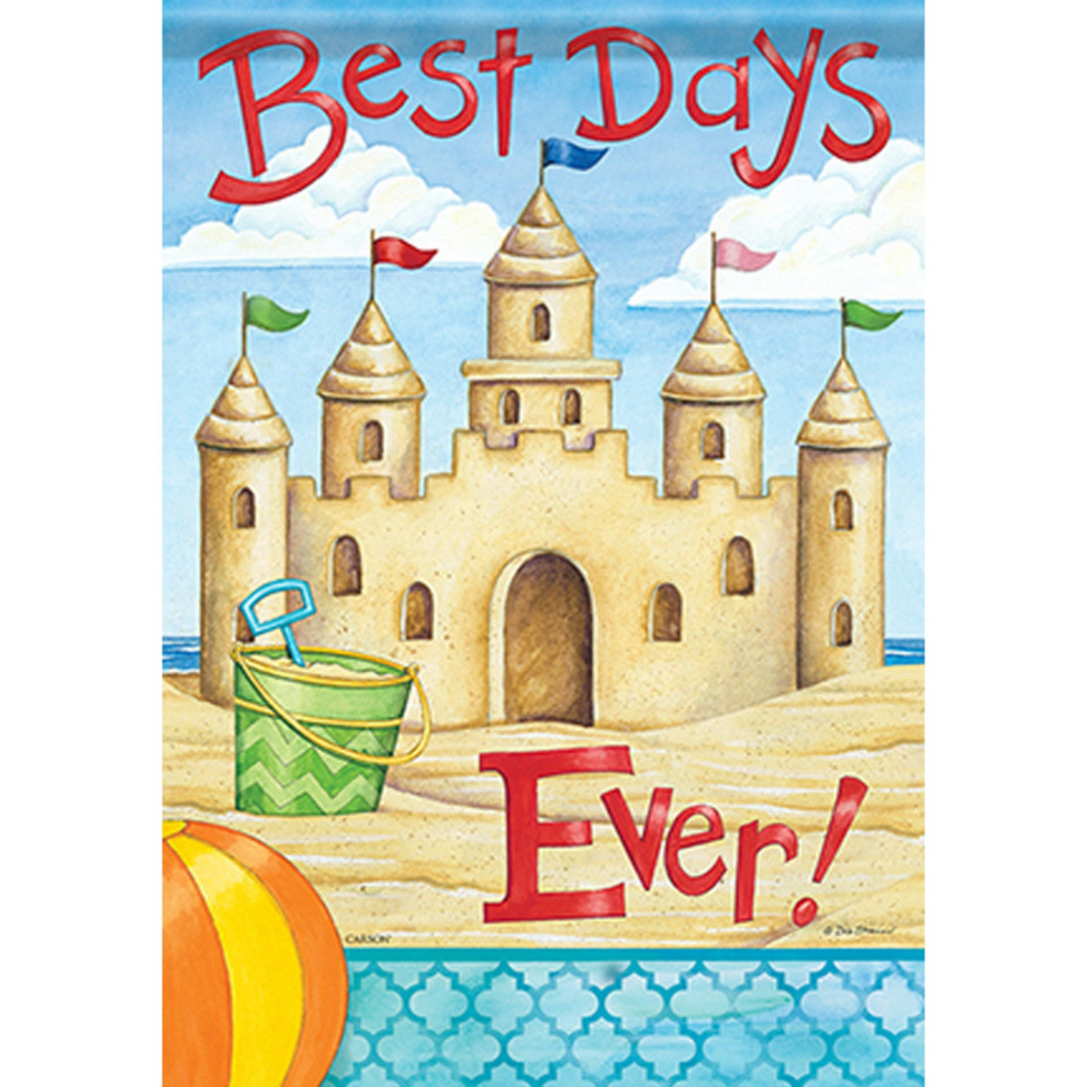 Decorative flag sandcastle with 'Best Days Ever!' text on a beach scene