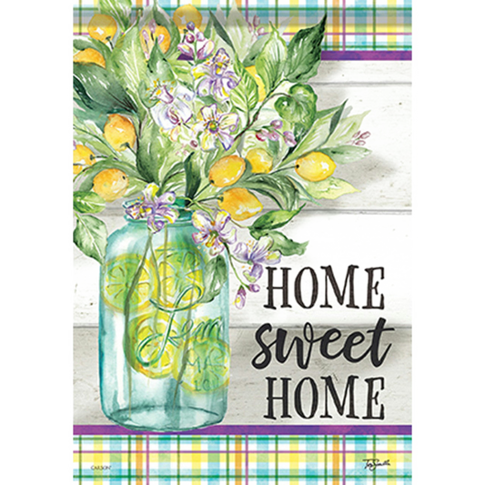 Decorative flag with a mason jar of lemons, flowers, and 'Home Sweet Home' text on a plaid background.