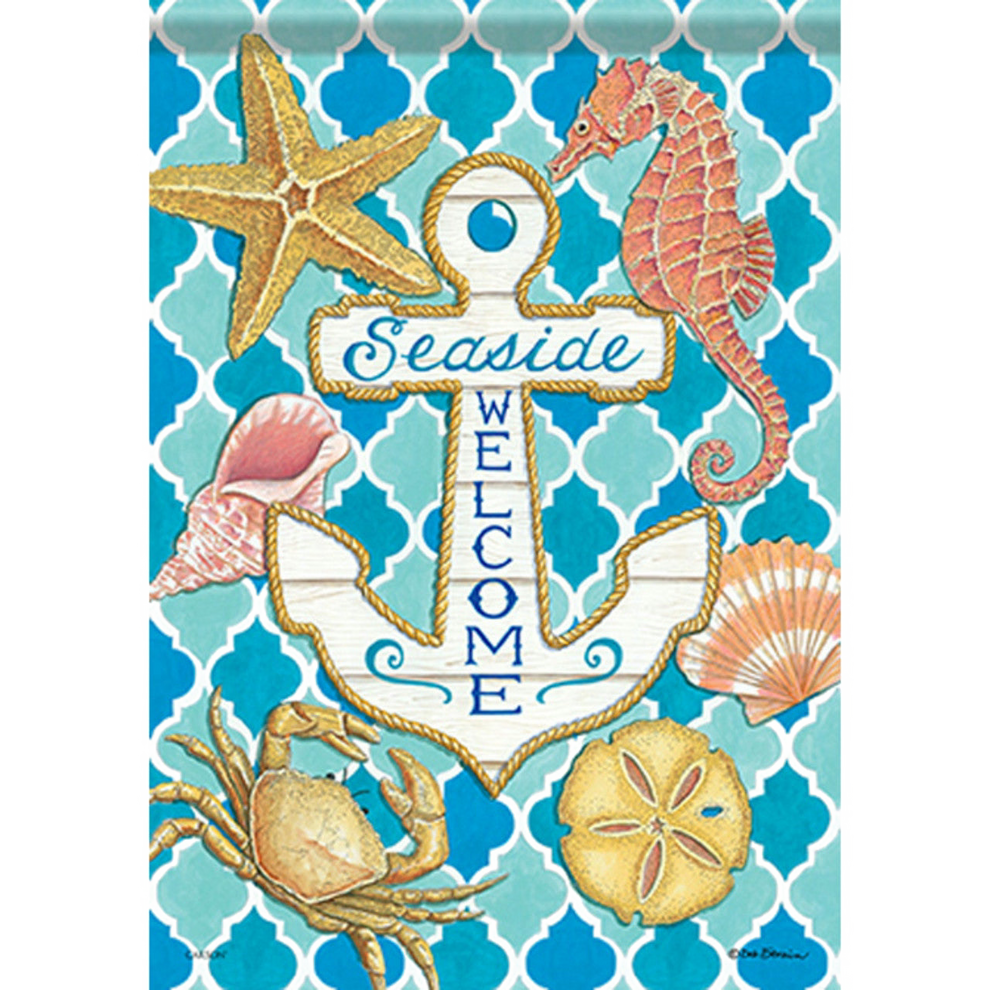 Decorative flag with anchor, seahorse, starfish, and other sea-themed elements on a blue and white patterned background.