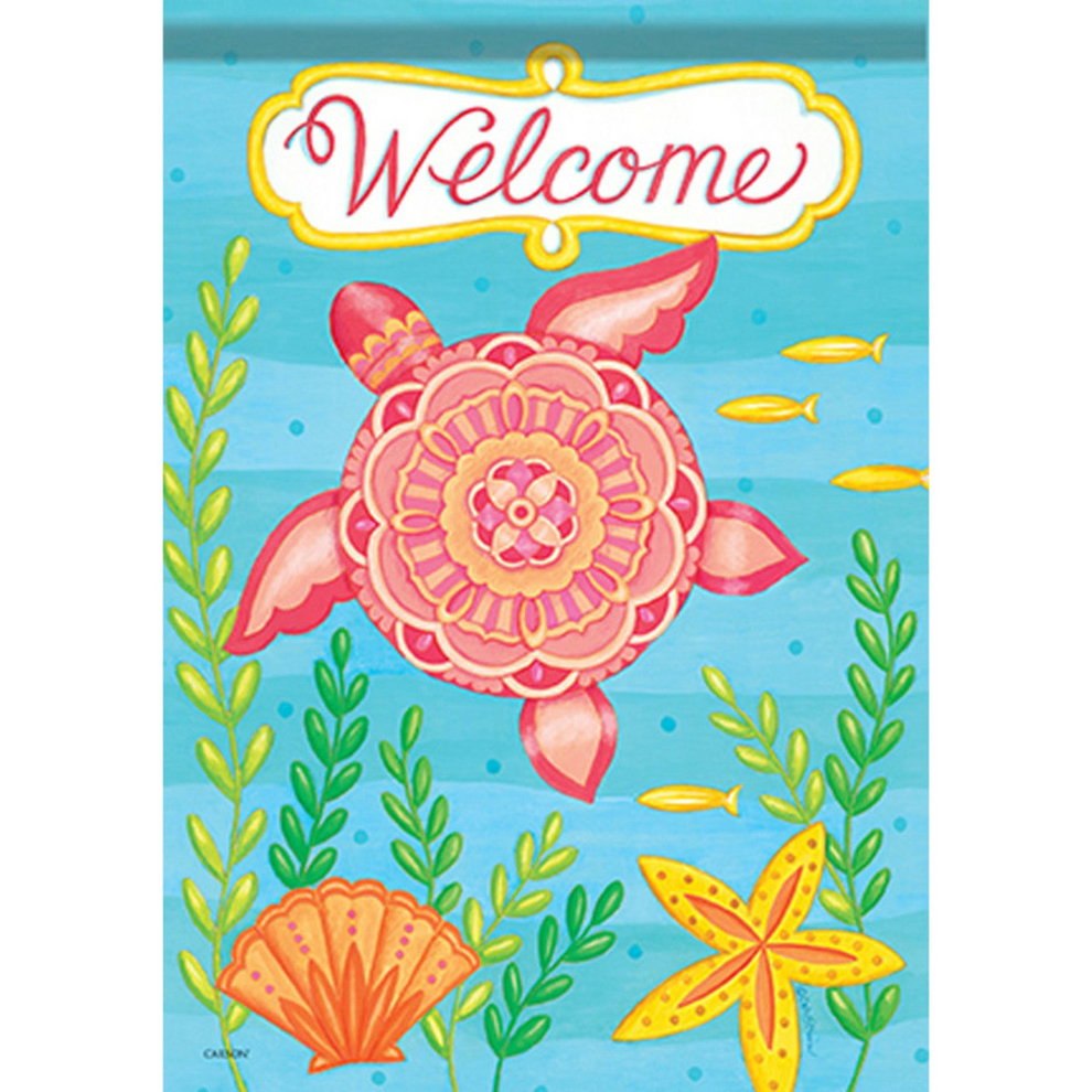 Decorative flag with a turtle, starfish, and shell on a blue background with 'Welcome' text.