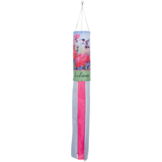 Decorative windsock with floral design and 'Welcome' text on a white background