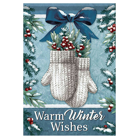 Christmas-themed decorative flag with mittens, bow, and winter elements on a blue background