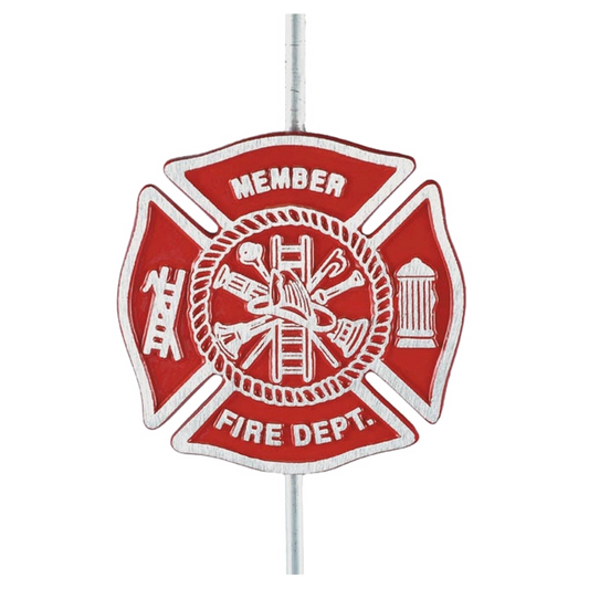 Red and white fire department grave marker on a white background