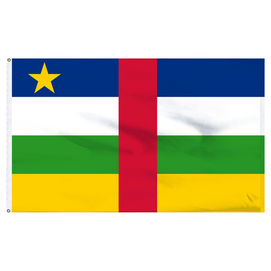 Central African flag with blue, red, green, and yellow horizontal stripes on a white background