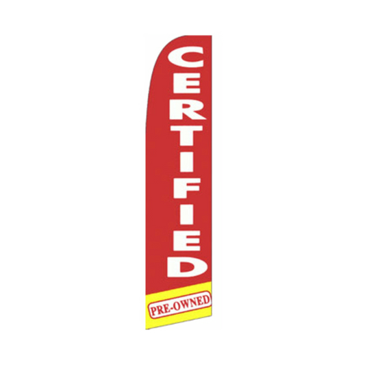 Red feather flag with 'Certified Pre-Owned' text on a white background