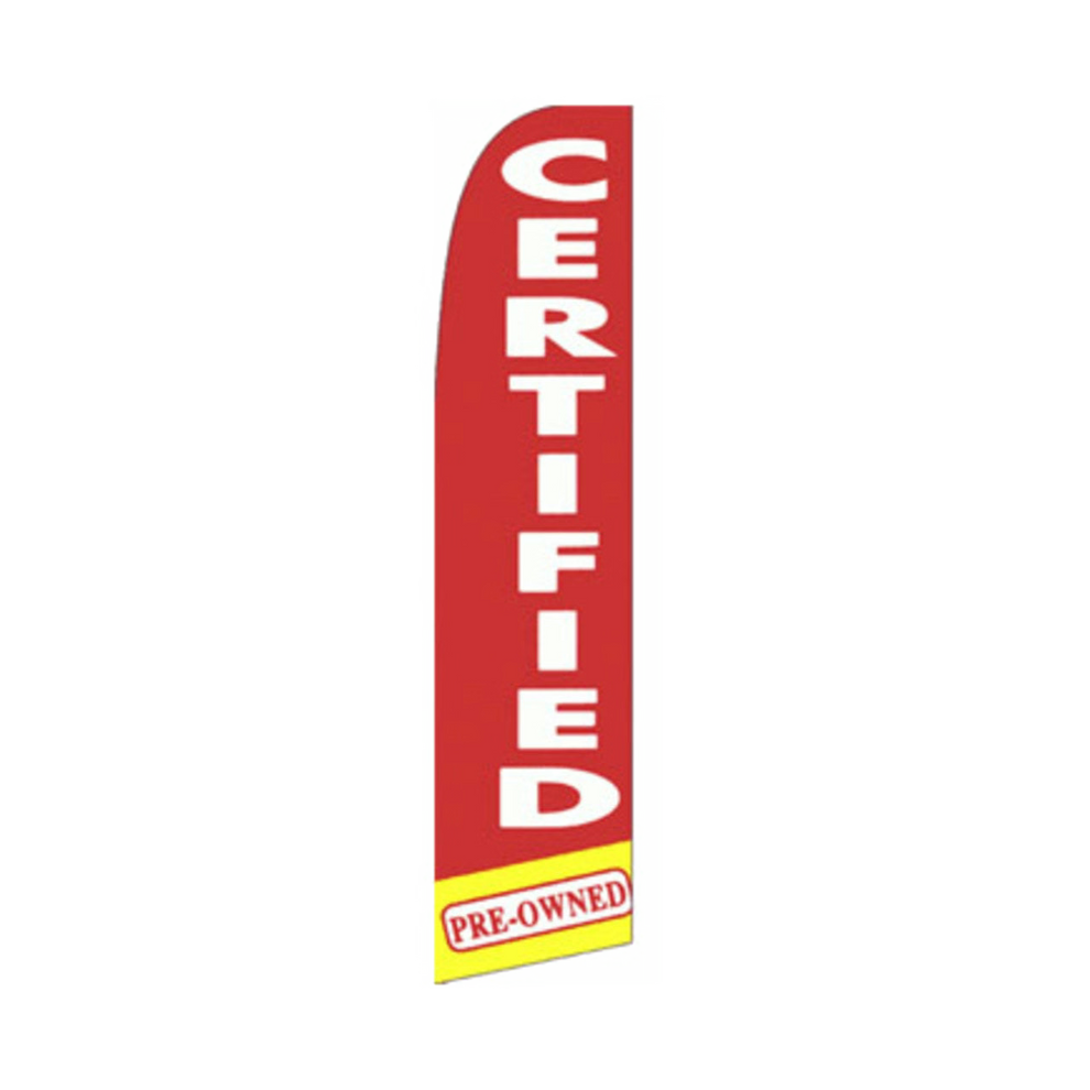 Red feather flag with 'Certified Pre-Owned' text on a white background