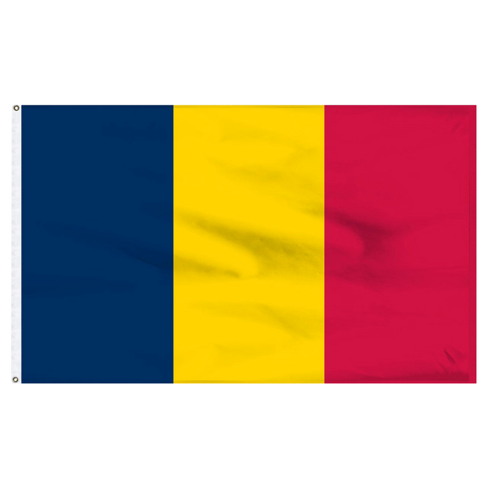 The national flag of Chad featuring three equal vertical bands of blue, yellow, and red, with a white header and metal grommets on the left side, shown flat against a white background.