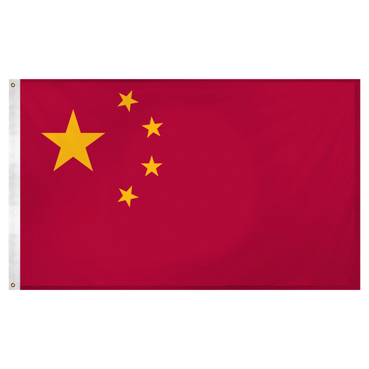 China flag with a red background and a single large yellow star in the corner with four smaller stars, displayed on a white background