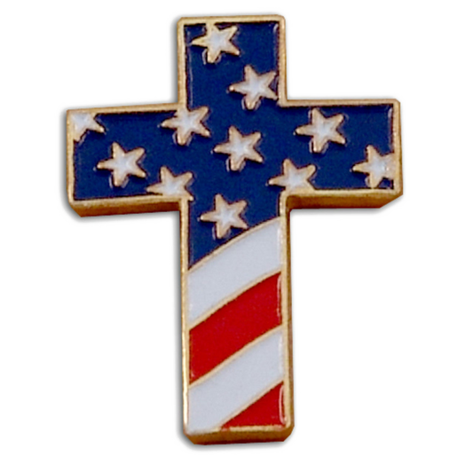 Cross-shaped object with American flag design on a white background