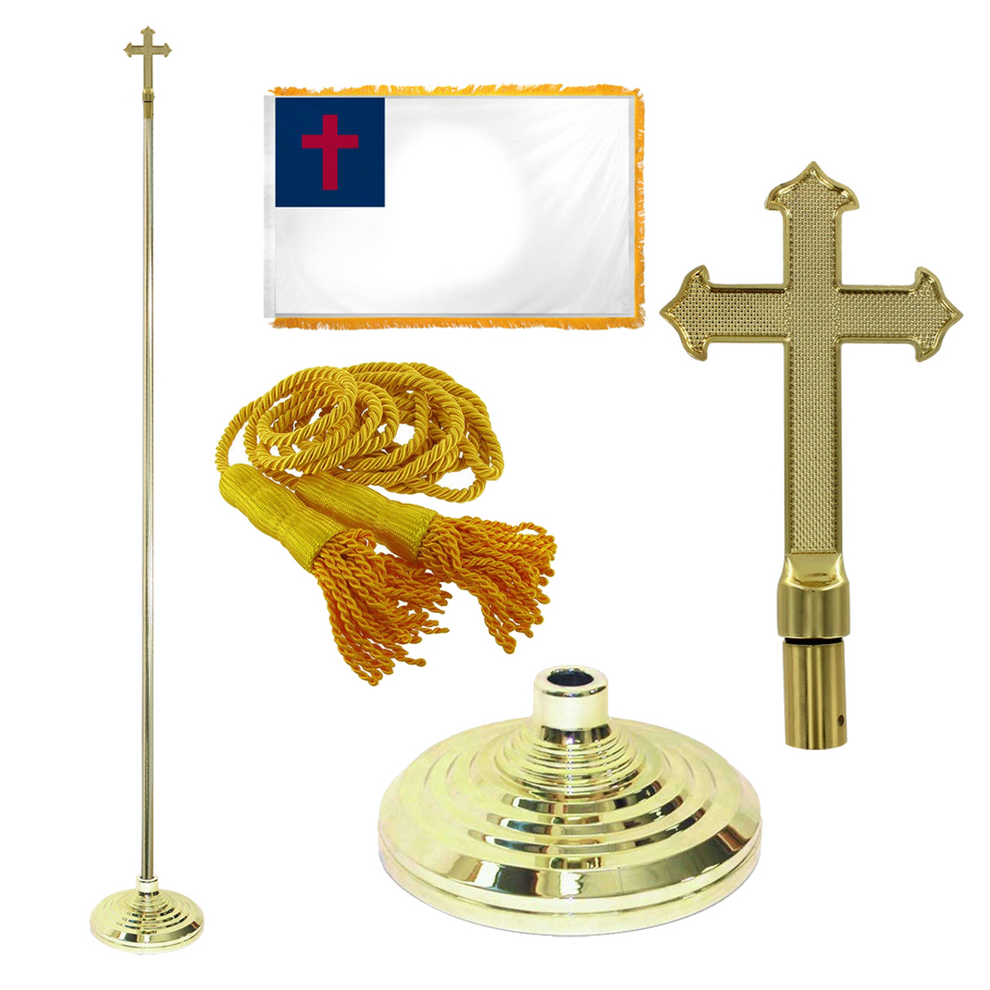 Indoor Christian flag kit with Christian flag, flagpole, tassel, gold base, and gold cross finial
