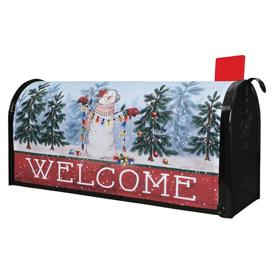 Christmas-themed mailbox cover with a snowman and trees design, featuring the word 'WELCOME'.
