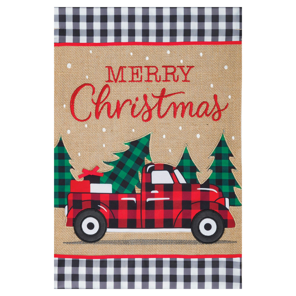 Christmas-themed decorative flag with a red truck, trees, and 'Merry Christmas' text on a burlap background.