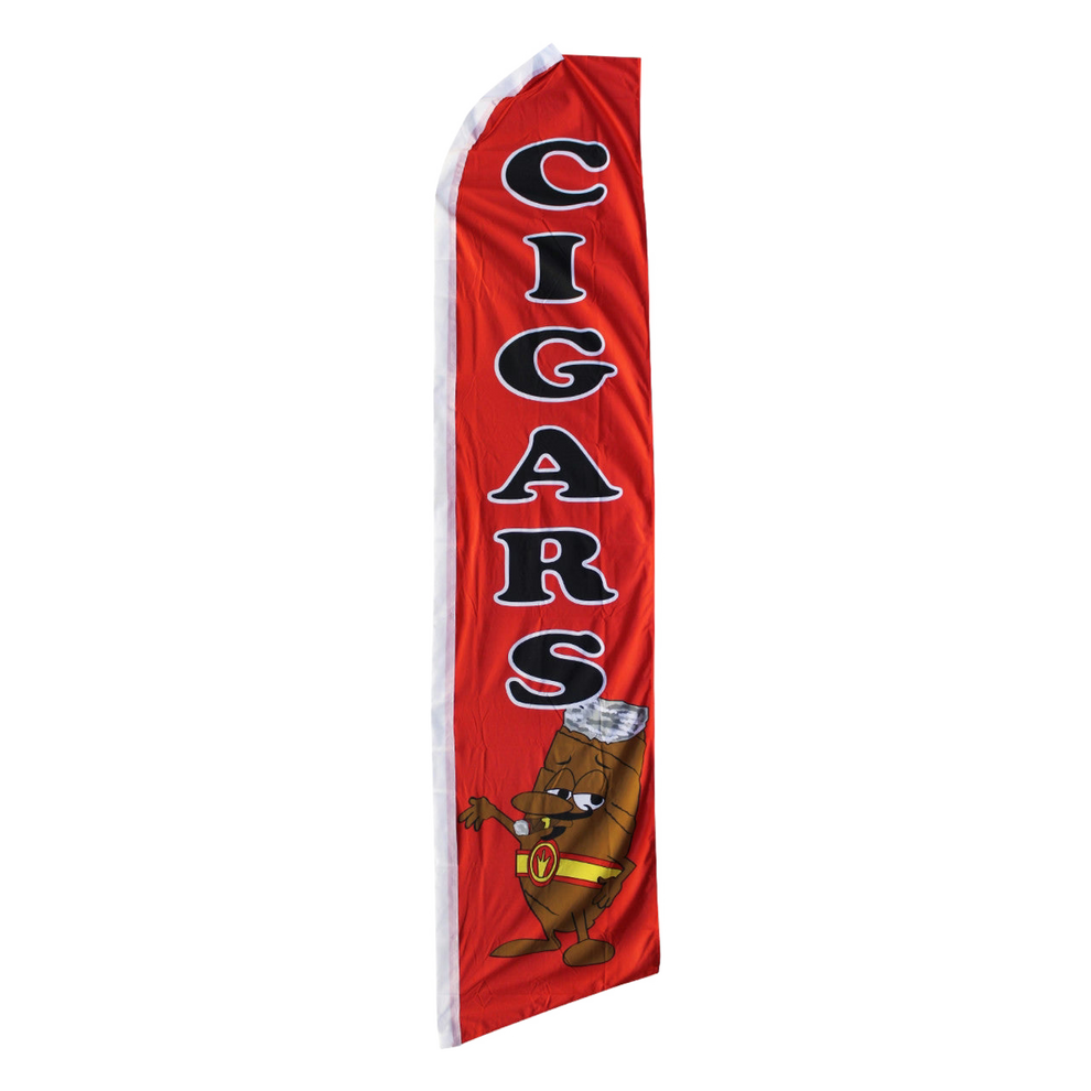 Red swooper flag with 'CIGARS' text and cartoon character on a white background