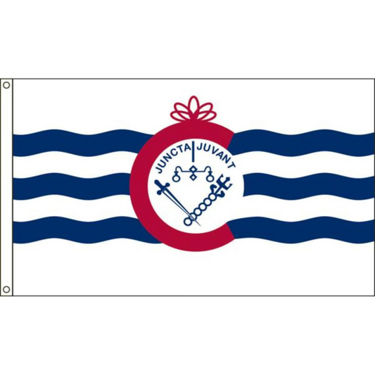 Cincinnati city flag with a central emblem and wavy blue and white design on a white background