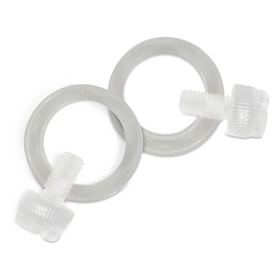 Two clear plastic ring connectors on a white background